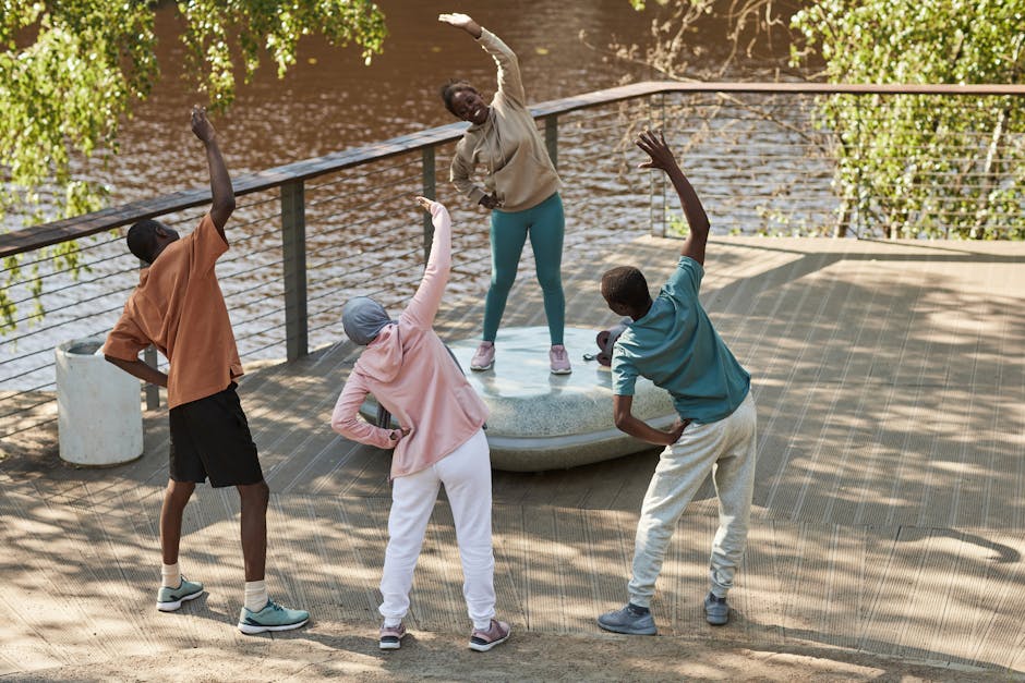 Park with people exercising outdoors